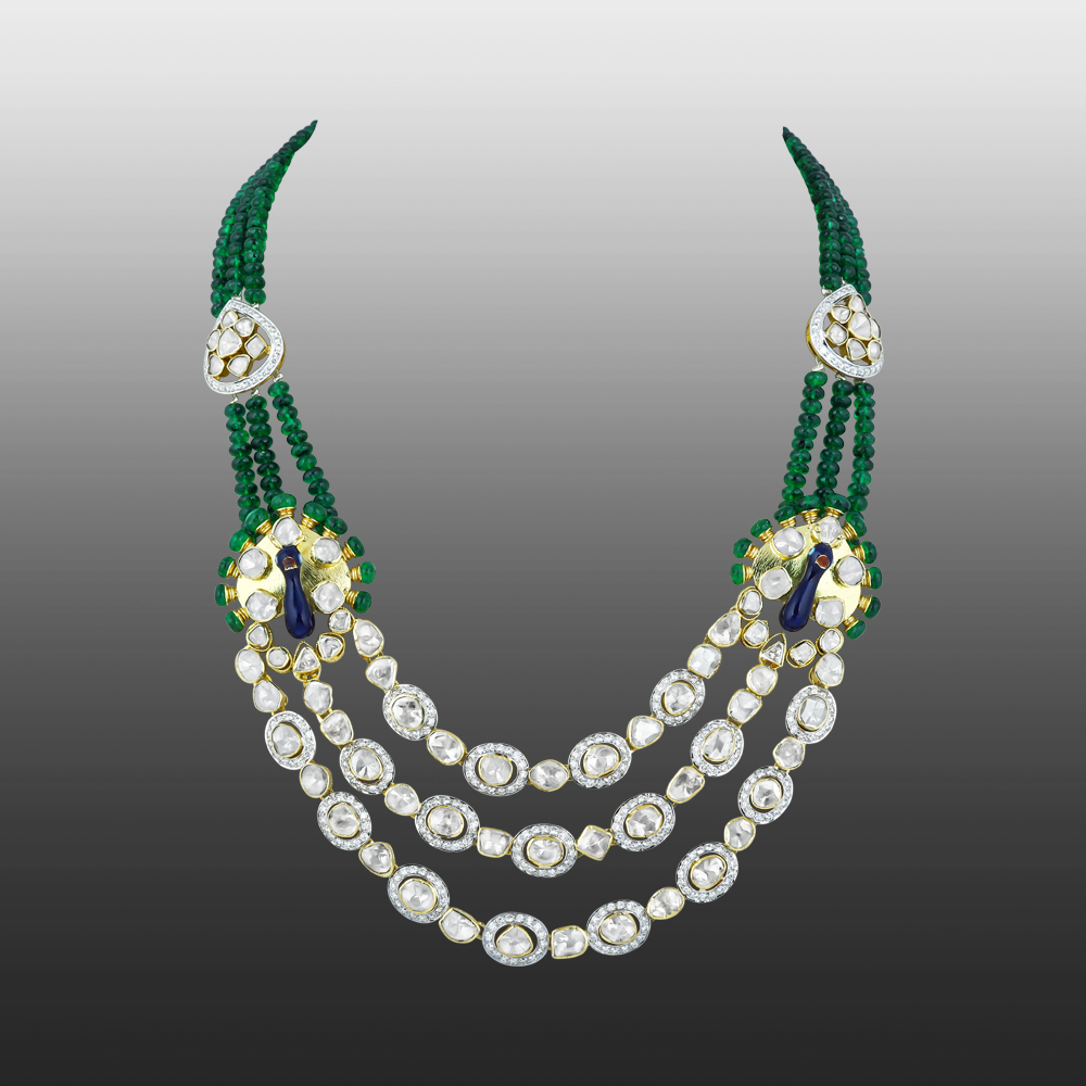 Three-Strand Polki Necklace with Emeralds and Enamel Peacock